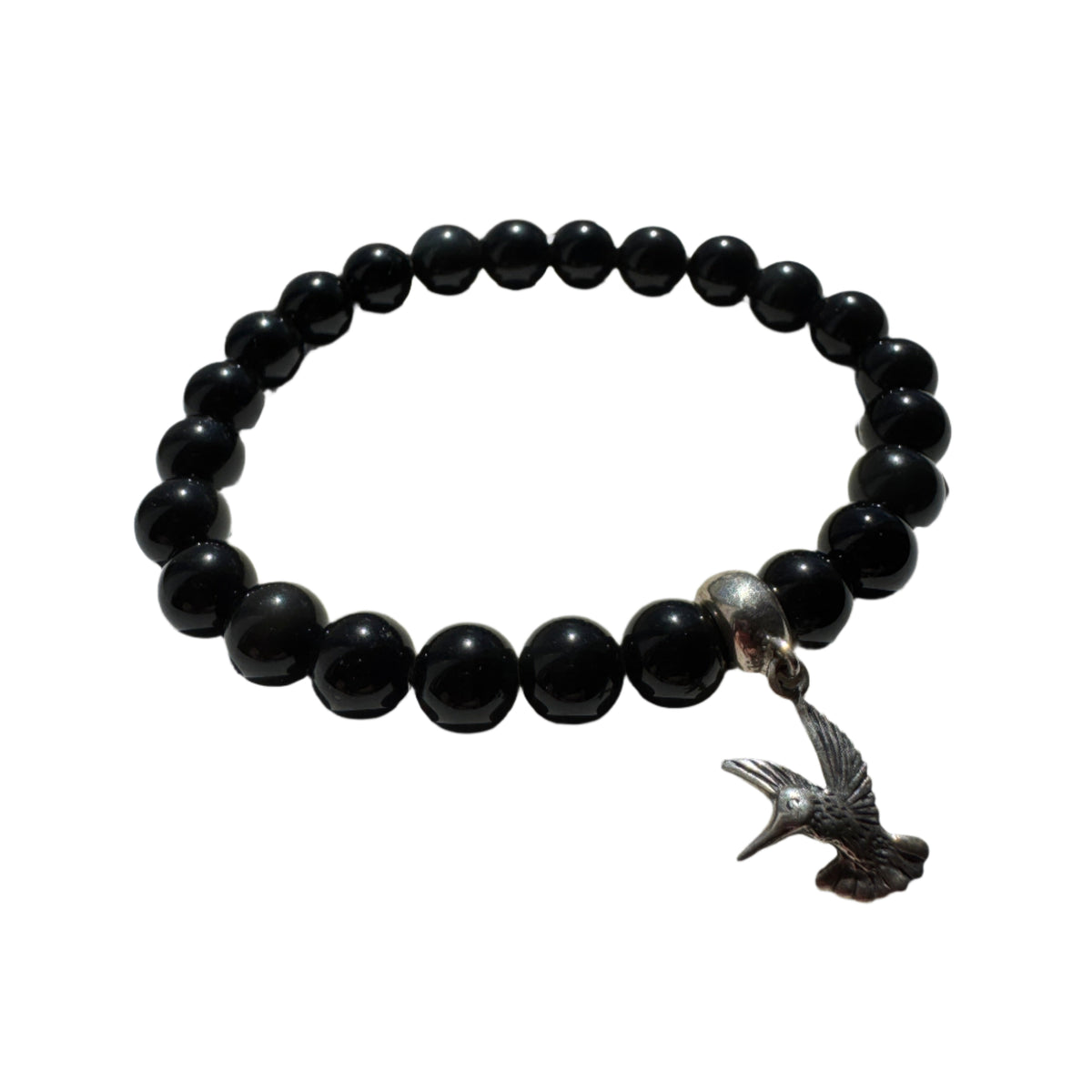 Crystal Bracelet - Black Onyx with Sterling Silver Hummingbird Charm