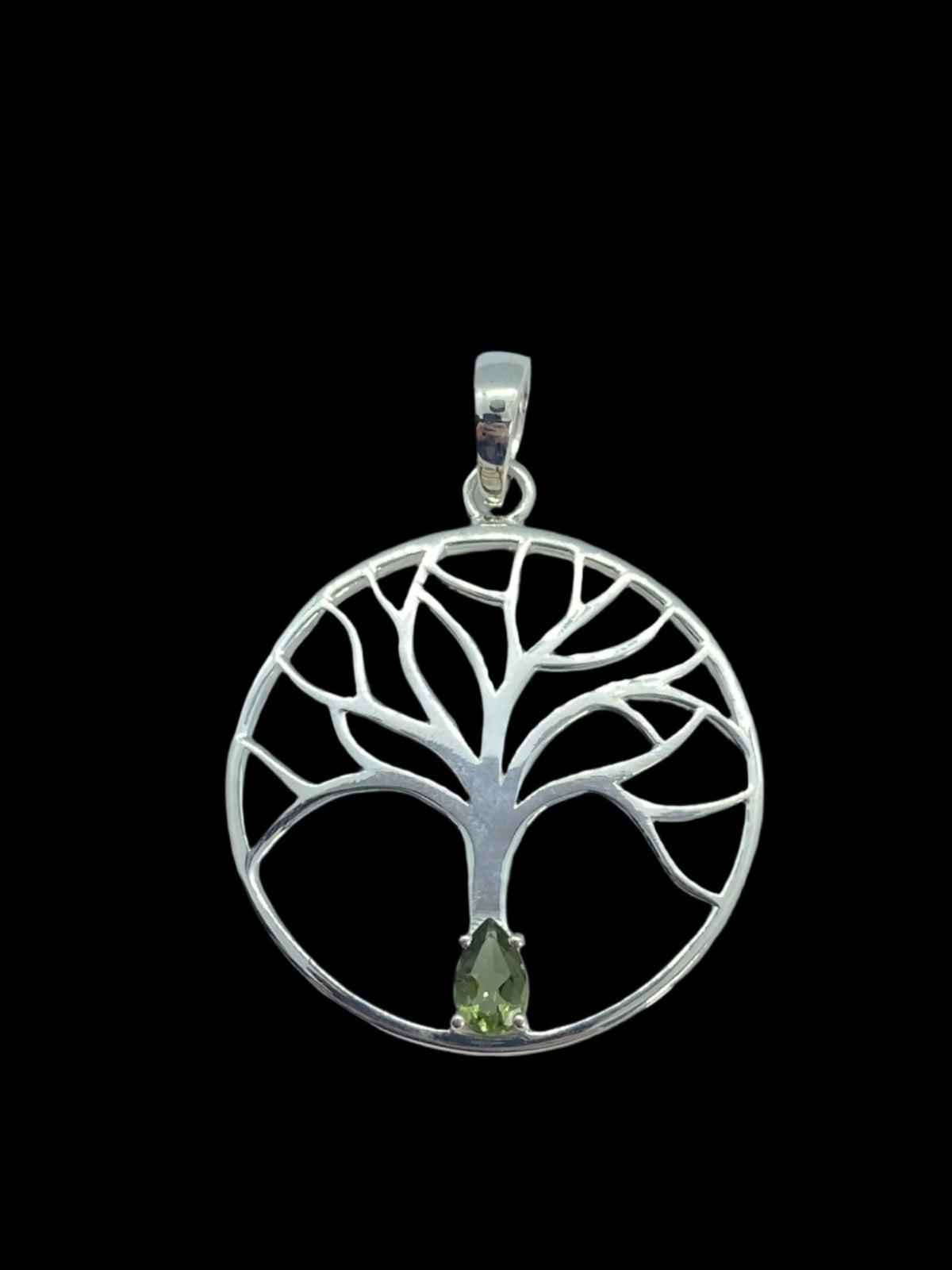 Moldavite Crystal Set in Sterling Silver Tree of Life Pendant