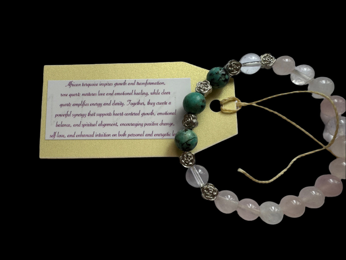 Crystal bracelet with African turquoise beads and silver-coloured rose spacers