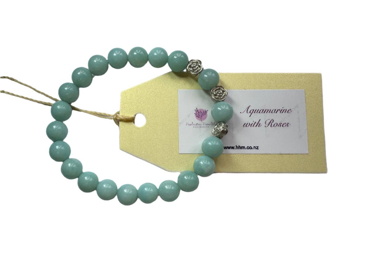 Aquamarine Crystal Bracelet with Silver-Coloured Roses