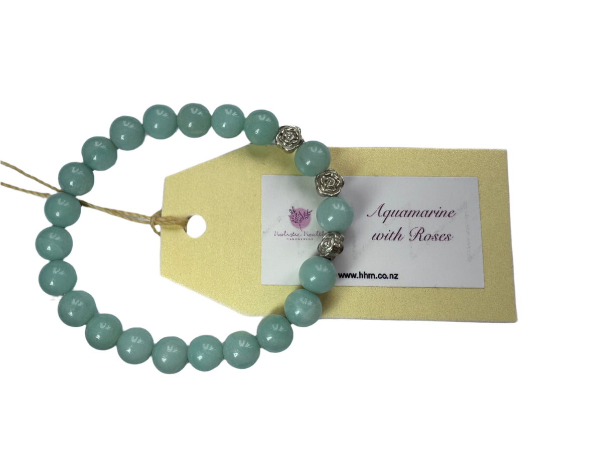 Aquamarine Crystal Bracelet with Silver-Coloured Roses