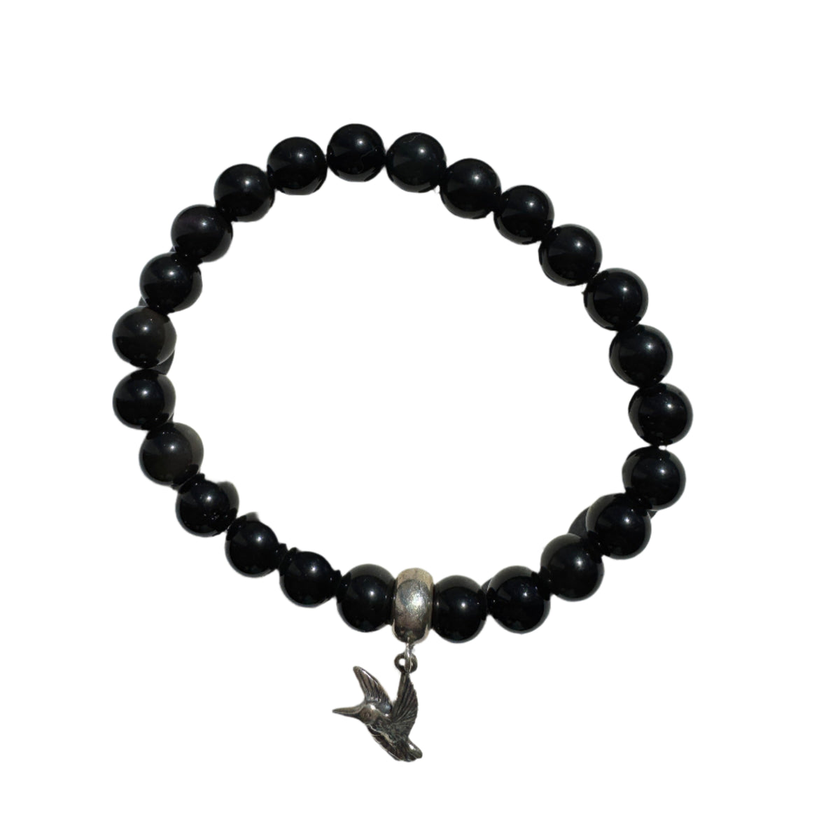 Crystal Bracelet - Black Onyx with Sterling Silver Hummingbird Charm