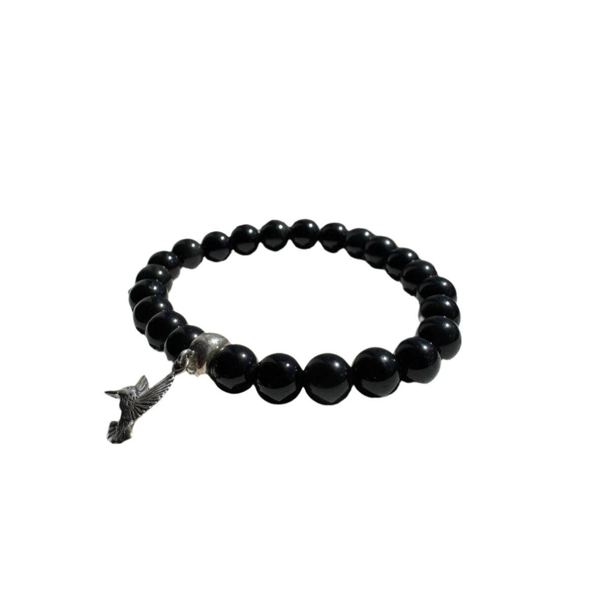 Crystal Bracelet - Black Onyx with Sterling Silver Hummingbird Charm
