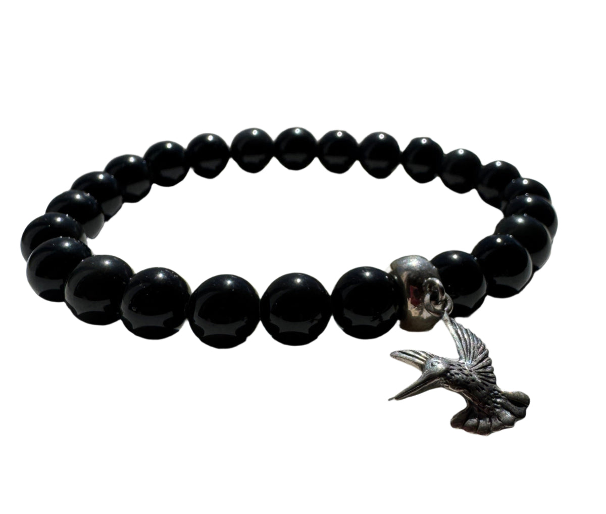 Crystal Bracelet - Black Onyx with Sterling Silver Hummingbird Charm