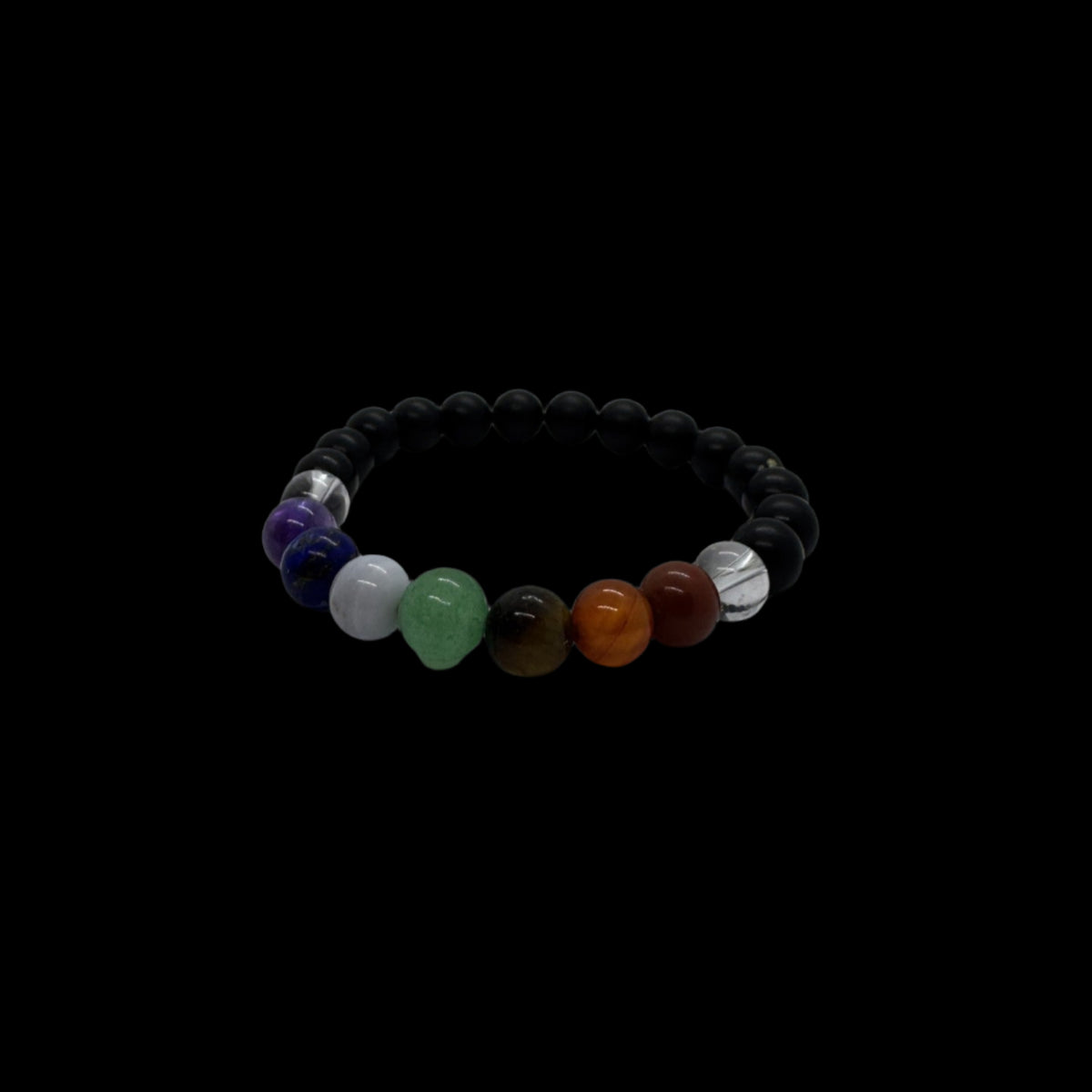 Angled view of Chakra bracelet with shungite and clear quartz