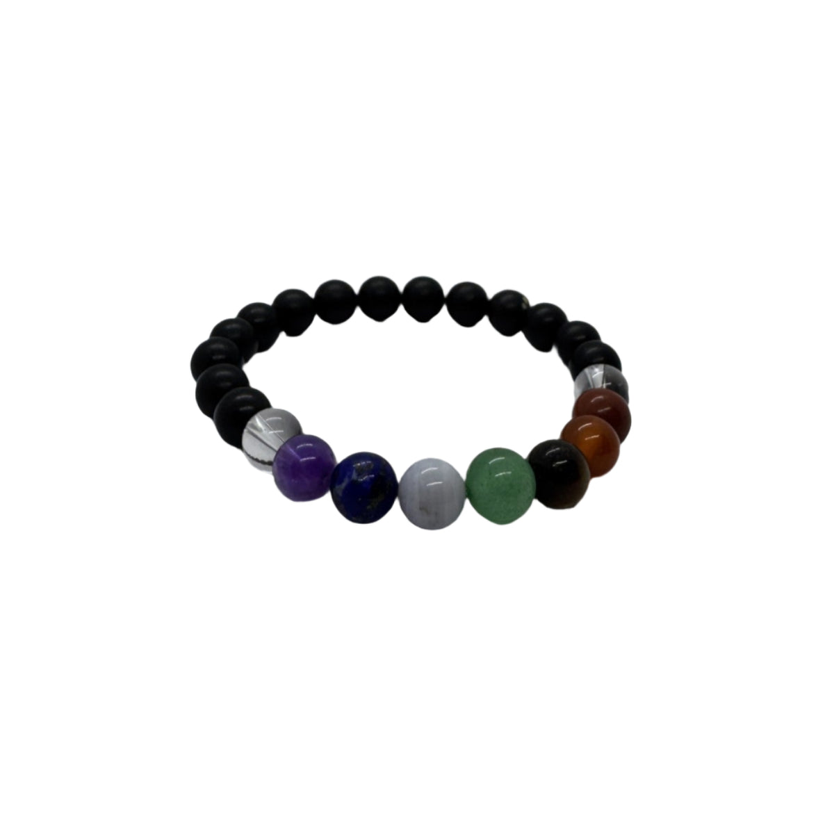 Colourful 7 Chakra stretch bracelet on white background
