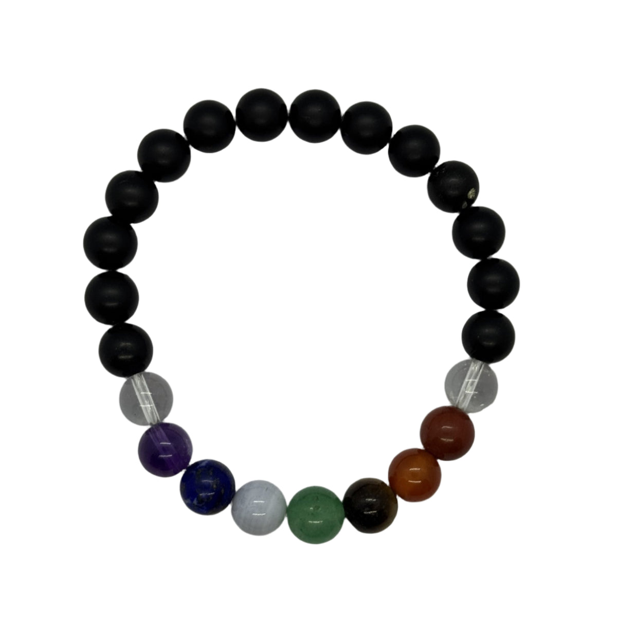 Overhead view of Chakra crystal and Shungite bracelet