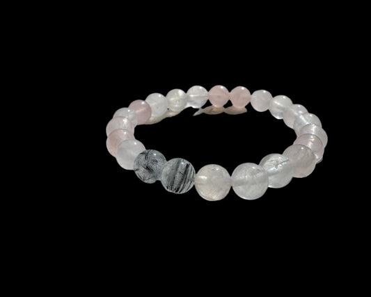 8mm rose quartz and tourmalated quartz stretch bracelet