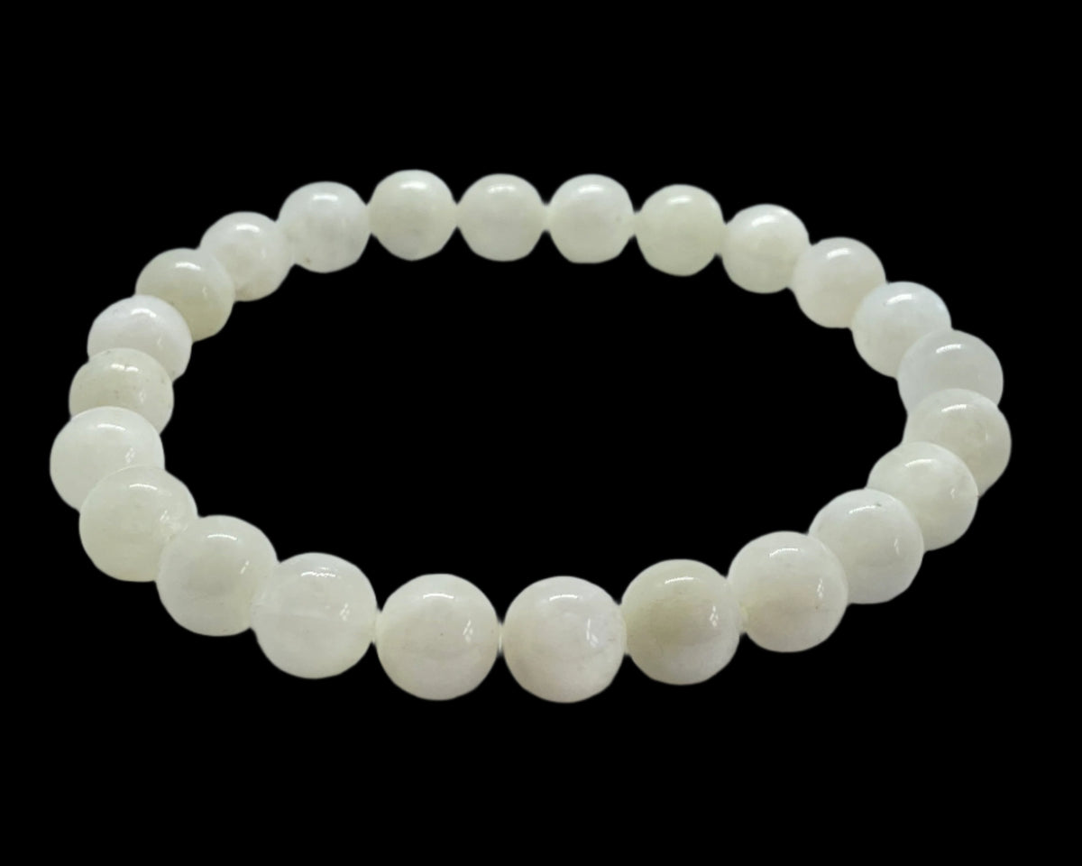 Natural 8mm moonstone crystal stretch bracelet with luminous pale beads. 