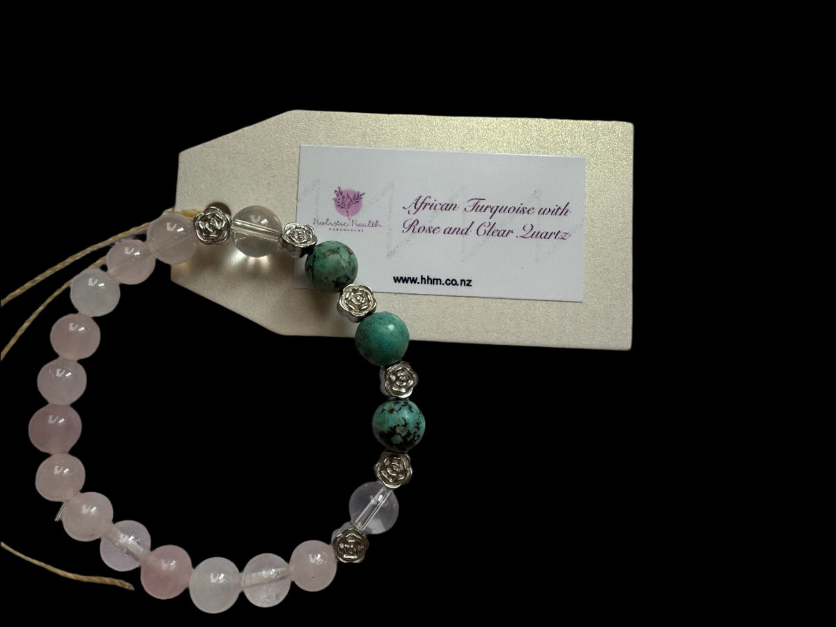 Rose quartz, clear quartz and African turquoise stretch bracelet